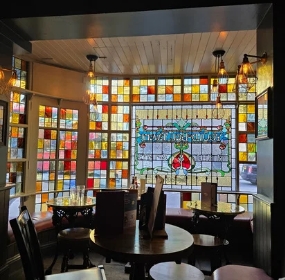Stained glass window in the olde bell tavern