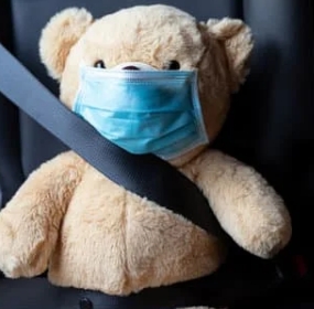 Image of a teddy bear with a facemask over his snout