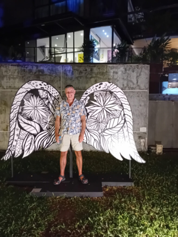 Geoff stood in front of butterfly wings paintings