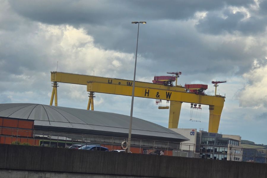 The Harland & Wolff giant cranes as seen from our room. Samson and Goliath