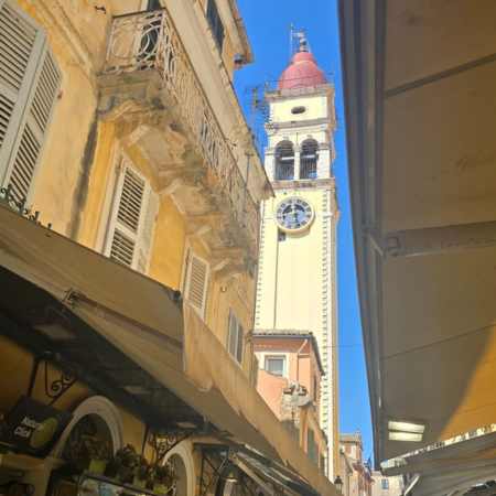 Church of Saint Spyridon, viewed down a narrow street